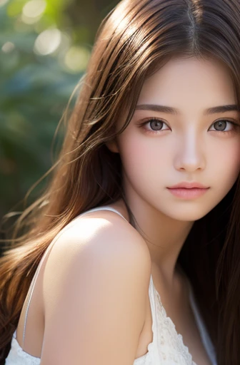 highest quality,Ultra-detailed,masterpiece,Realistic,Photo realistic,Bright lighting,One Girl, Very beautiful 17 year old girl, (cute:1.2),A faint smile, (Brown eyes),(Brown haired),(Bans),Perfect glowing skin,Perfect Skin