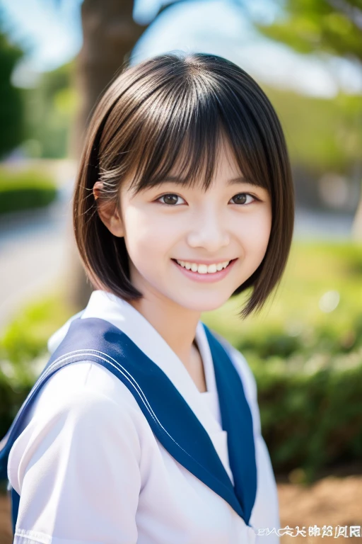 18-year-old Japan 、A beautiful park with blue sky as a background、A happy smile and an idol-like face、Short Bob、Smiling with teeth showing、Sailor suit、Tabletop, highest quality, 8k, Teen, alone,Violet, Gardenias, Delicate girl, Upper Body, Digital SLR, View your viewers, Frank, Sophisticated, Zola々right, Thin arms, Professional Lighting, Film Grain, chromatic aberration, (Eyes and facial details:1.0), (Bokeh:1.1)