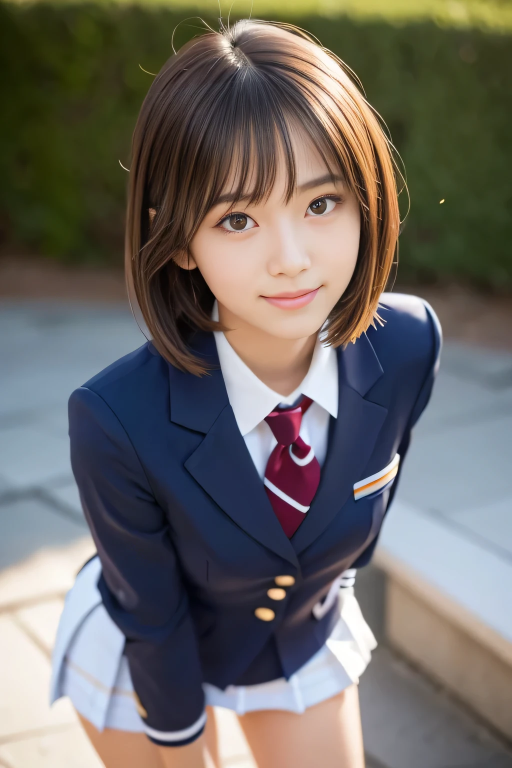 (masterpiece,highest quality,超A high resolution),Japanese women, (((Very cute 16 year old girl))), View the photographer, Front view, ((Bobcut)), Super cute face, Glossy lips, Double eyelids on both eyes, Focus your eyes, Natural Makeup, bangs, Shiny and smooth light brown wavy hair, (((Upper body close-up))), Large Breasts, Perfect limbs, Perfect Anatomy, (((High School Uniform:1.3))), ((Smile)), Night room, (Show off your slim thighs:1.3), ((Include the whole face and focus on the chest:1.2)), View your viewers, (Strike a cute pose:1.4), Perfect and natural fingers,