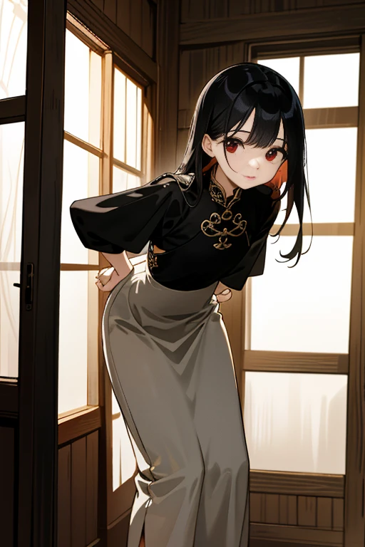 An old wooden building with no windows、In a dimly lit house、Leaning forward、While supporting my body with both hands on the wall、Handcuffed behind his back、Wearing Ao Dai、Bust 84cm、Waist 55cm、Hips 79cm、Black-haired、Red-eyed、beautiful girl in her late teens、Small face、Perfect proportions、High resolution