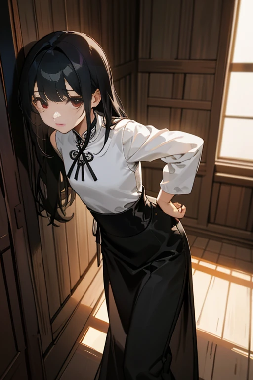 An old wooden building with no windows、In a dimly lit house、Leaning forward、While supporting my body with both hands on the wall、Handcuffed behind his back、Wearing Ao Dai、Bust 84cm、Waist 55cm、Hips 79cm、Black-haired、Red-eyed、beautiful girl in her late teens、Small face、Perfect proportions、High resolution