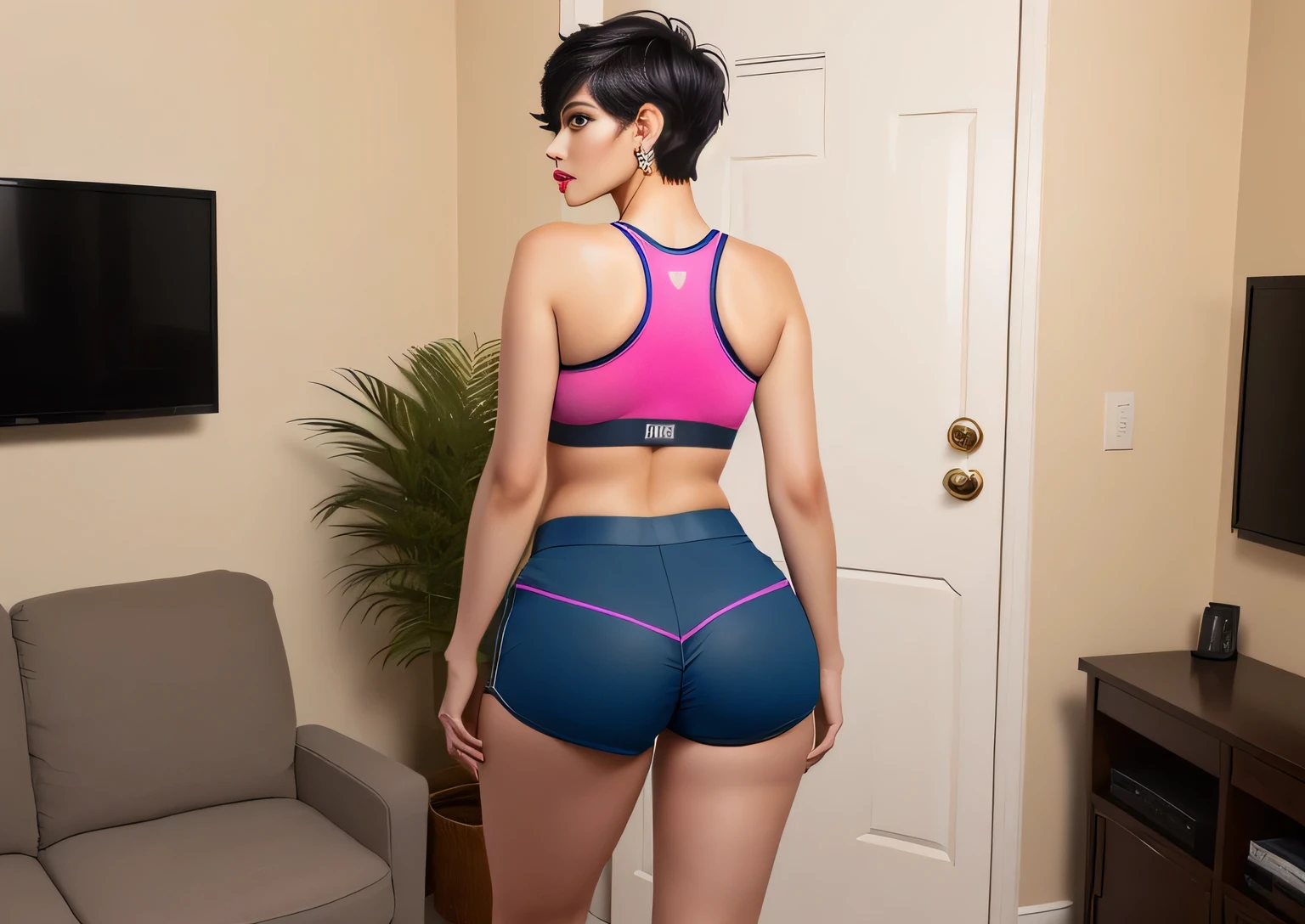 there is a woman standing in a room with a TV, sports bra and dark blue shorts, tight and short, sports bra and shorts, back view, back view, back pose, rear view, long shot of the back, in shorts, of back, back shot, photo from behind, toned backside, back shot, from the back. Beautiful woman, slim back, 38 years old, beautiful woman, dark brown eyes, ((beautiful slim woman, 38 years old, hair color [black hair], hair [pixie cut])), earrings, lips, realistic, slim waist , charming, pink lipstick, colorful makeup, long chosen, earrings, wears eyeliner, fair skin, (y), (detailed face), detailed eyes, detailed iris, sexook, looking at the viewer, (hot), beautiful body and soft, voluptuous woman, crop top, thong, shorts, ((full body))