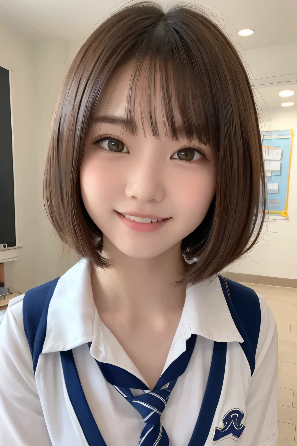 (masterpiece,highest quality,超A high resolution),Japanese women, (((Very cute 16 year old girl))), View the photographer, Front view, ((Bobcut)), Super cute face, Glossy lips, Double eyelids on both eyes, Focus your eyes, Natural Makeup, bangs, Shiny and smooth light brown wavy hair, (((Upper body close-up))), Large Breasts, Perfect limbs, Perfect Anatomy, (((High School Uniform:1.3))), ((Smile)), Night room, (Show off your slim thighs:1.3), ((Include the whole face and focus on the chest:1.2)), View your viewers, (Strike a cute pose:1.4), Perfect and natural fingers,