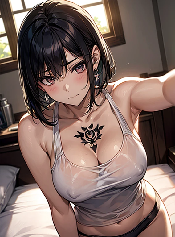 （Hands folded behind your back）、Beautiful breasts、Black Hair、Armpits are visible、Attractive breasts、Beautiful and attractive anime woman, Enchanting anime girl, Top rated on pixiv、Healthy Body、OK、（white）See-through tank top、Yakuza、（All over the body）Tattoo、（Large on the arm）Tattoo、I can see your underwear、Shaving、Slippery、big round earrings、Iris、beautiful girl、、Provocative、Underwear is biting into、The setting sun is shining through the window、Stay in the house、Quiet、Inconspicuous、Nipples、bedroom、Big Breasts、brown、Short Bob、Looking down from above