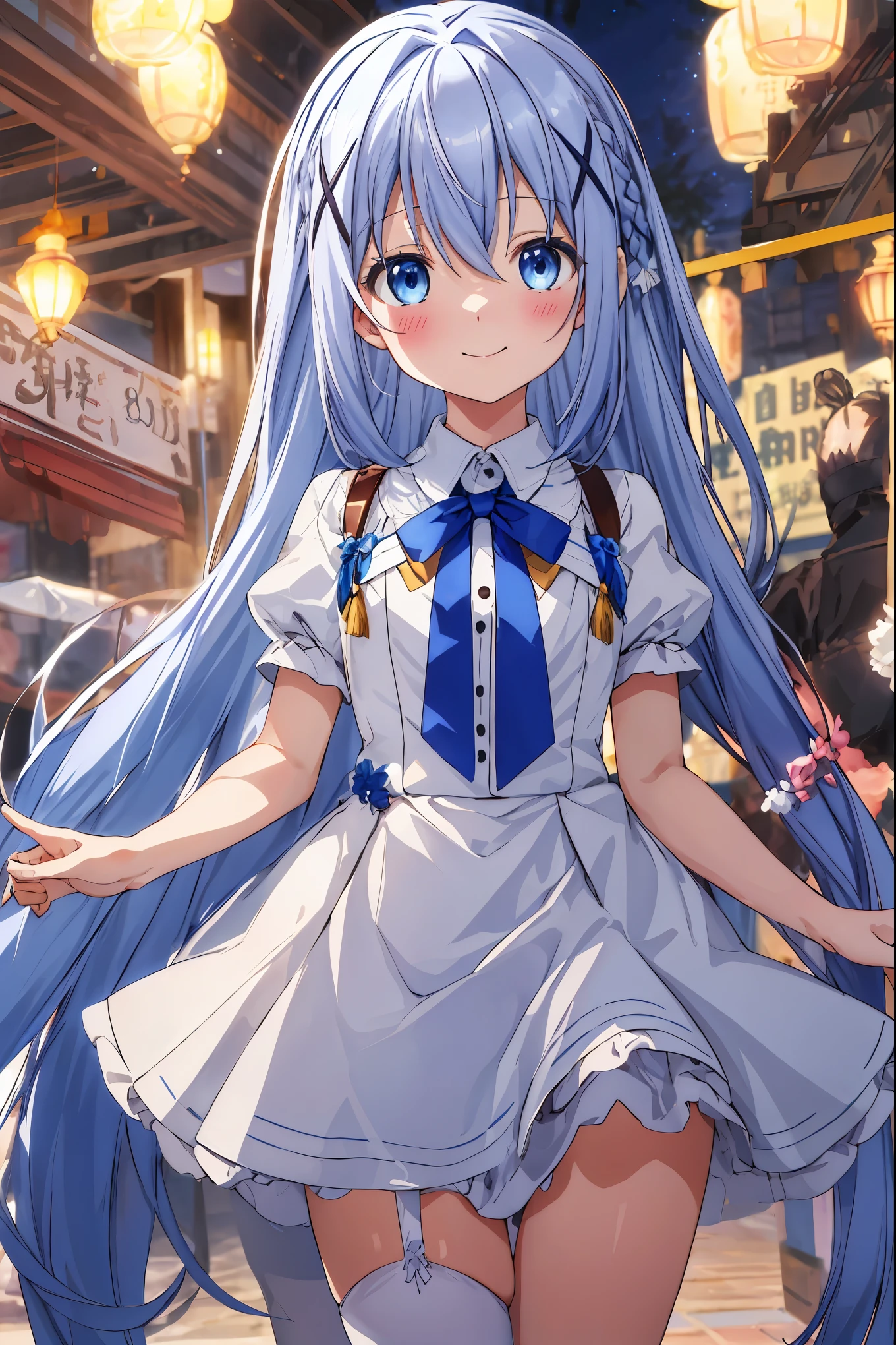 kafuu_chino_istheorderarabbit,
blue_hair, long_hair, blue_eyes, x_hair_ornament, hair_ornament, blush, bangs, closed_mouth, hair_between_eyes,smile,masterpiece,Noise Reduction,perfect anatomy,high resolution, ultra-detailed,game cg,dutch angle ,beautiful detailed eyes,visualart,five fingers, perfect hands, perfect lighting,