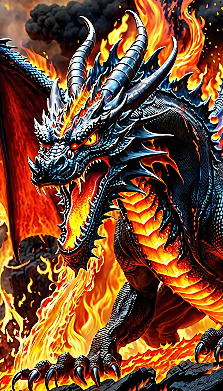 Create a realistic image of a large dragon in the middle of hell., He opened his mouth and spewed out lava, burning his eyes and ears and spewing flames out of his mouth..