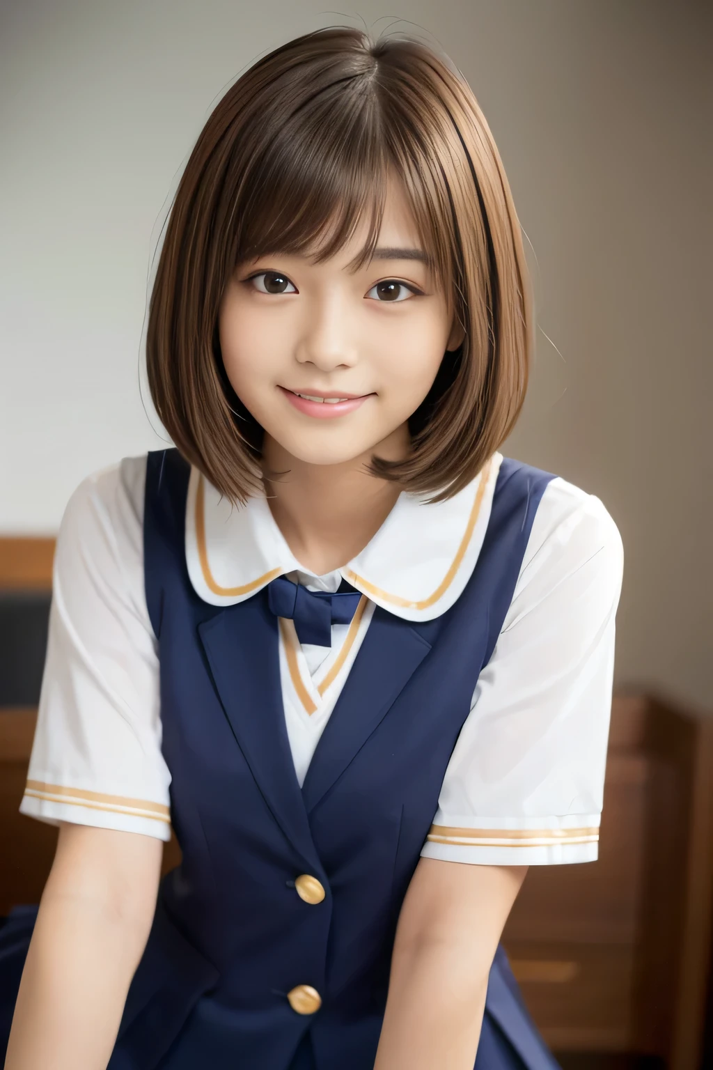 (masterpiece,highest quality,超A high resolution),Japanese women, (((Very cute 16 year old girl))), View the photographer, Front view, ((Bobcut)), Super cute face, Glossy lips, Double eyelids on both eyes, Focus your eyes, Natural Makeup, bangs, Shiny and smooth light brown wavy hair, (((Upper body close-up))), Large Breasts, Perfect limbs, Perfect Anatomy, (((High School Uniform:1.3))), ((Smile)), Night room, (Show off your slim thighs:1.3), ((Include the whole face and focus on the chest:1.2)), View your viewers, (Strike a cute pose:1.4), Perfect and natural fingers,