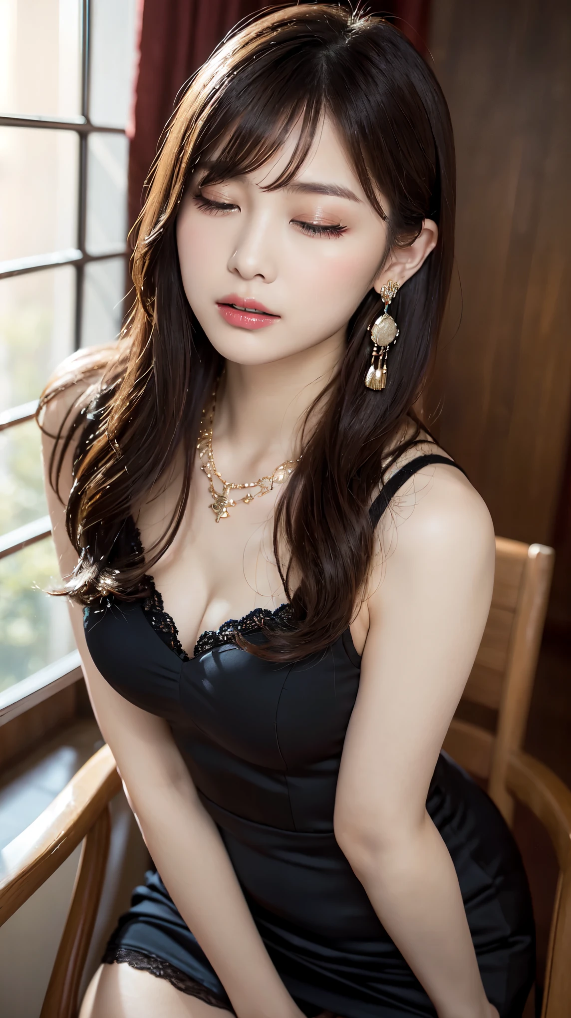 Western-style building, 1 female, Beautiful Japanese actresses, Age 25, Double Eyes,mile, Detailed face, Big earrings，Large Necklace, Flashy makeup using red eyeshadow，light brown delicate middle cut hair，the tips of the hair are wavy，Classy hairstyle，fine grain,Slender actress, Sexy silk embroidered mermaid dress:1.2, Sit in a luxurious chair, Spread your legs, Lace panties, BREAK ceremony,((Masturbating violently, 黒のディルドをInsert:1.5)), ((Random sexy poses、Insert、Deep pleasure, Ecstatic eyes:1.2)), ((I close my eyes and gasp hard:1.2))、Ecstatic face、Climax expression, Grit your teeth、My whole body is convulsing、Official Art，Highly detailed CG Unity 8k wallpaper, (masterpiece:1.0),(highest quality:1.0), photo shoot, 8k, Browsing Caution, High resolution, Kodak Portrait 400, Film Grain, Lens flare brilliance, View Viewer, (upper body:1.3), (leaning forward:1.6), (very low camera angle:1.6)