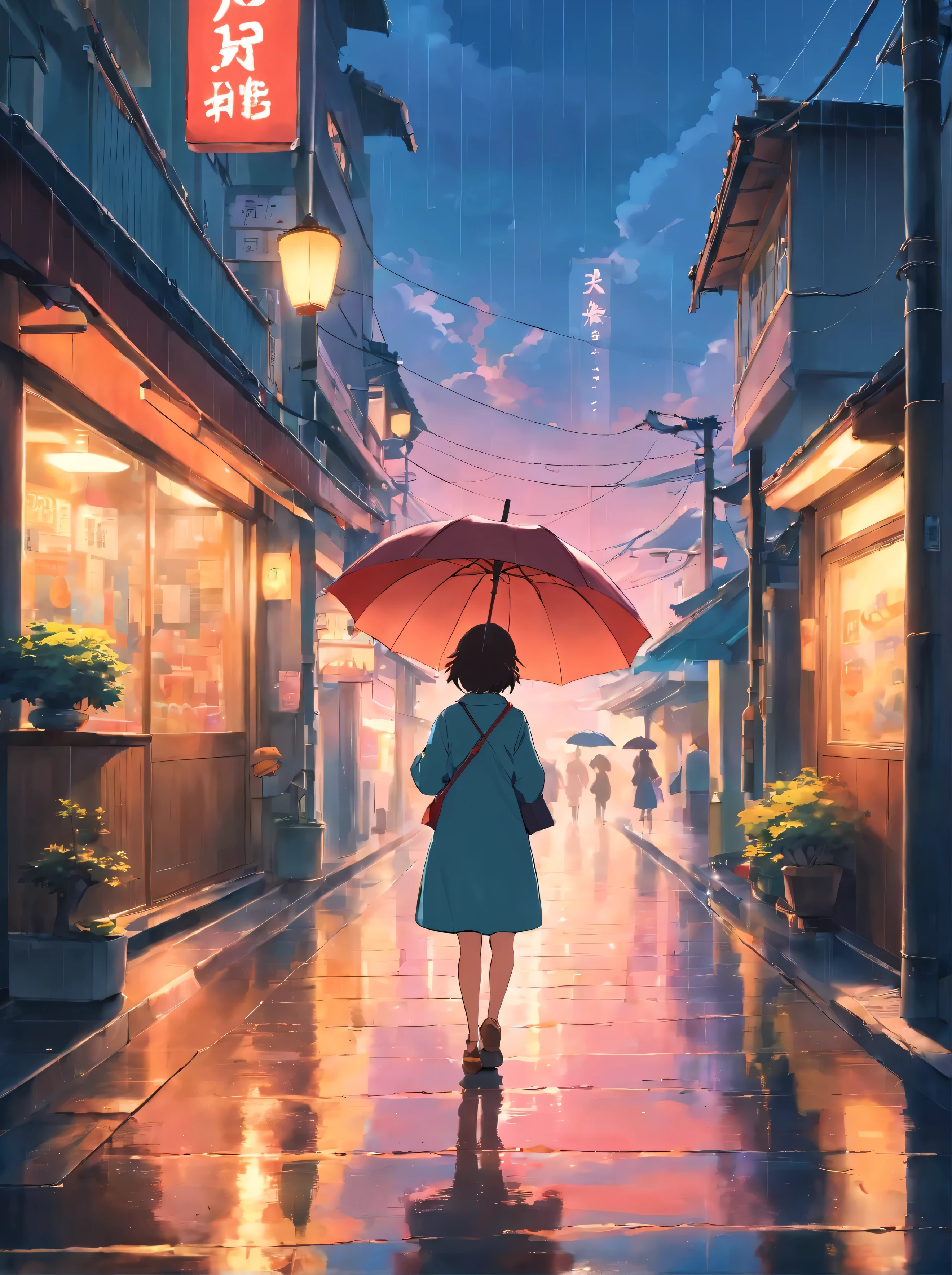 There is a young woman walking home with an umbrella, woman in her 20s, light rain, tokyo anime scene, style of alena aenami, calm sunset, beautiful anime scene, anime atmosphere, anime art wallpaper 4k, anime art wallpaper 8k