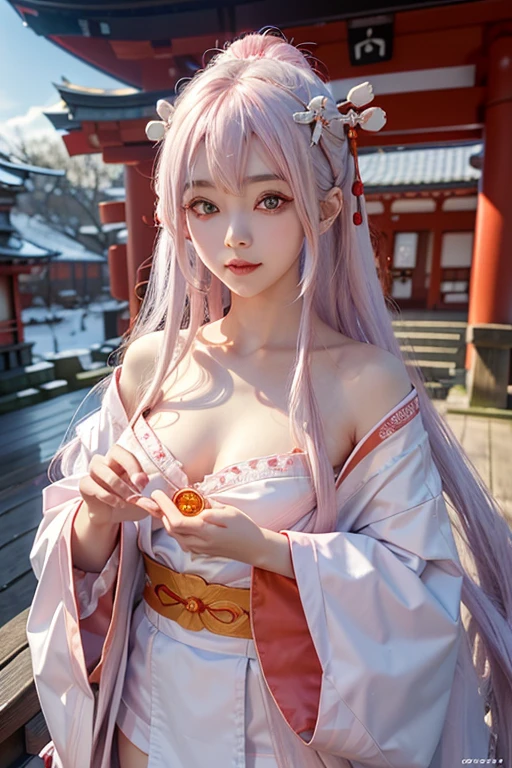 Japanese Shrines、Pink underwear、White Hair、Long Hair、shrine maiden hair ornament、18 years old、woman、whole body、Evil Smiley Face, Red eyes, Iris, Pupil orange