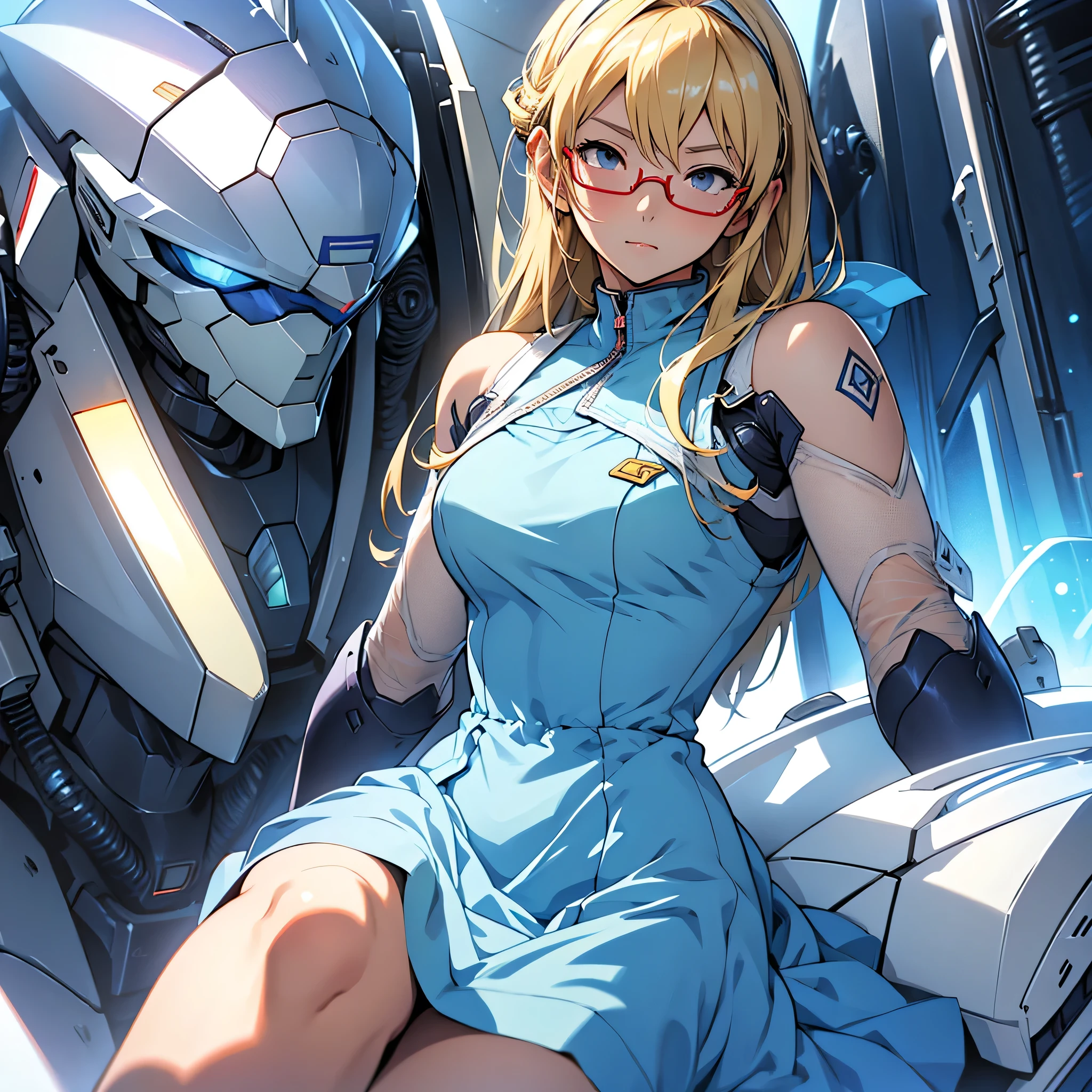 anime An illustration robot Mobile Suit Dom Light blue check dress Akabuchi Glasses Blonde Light blue mesh beautiful girl Sora Sakurano one person