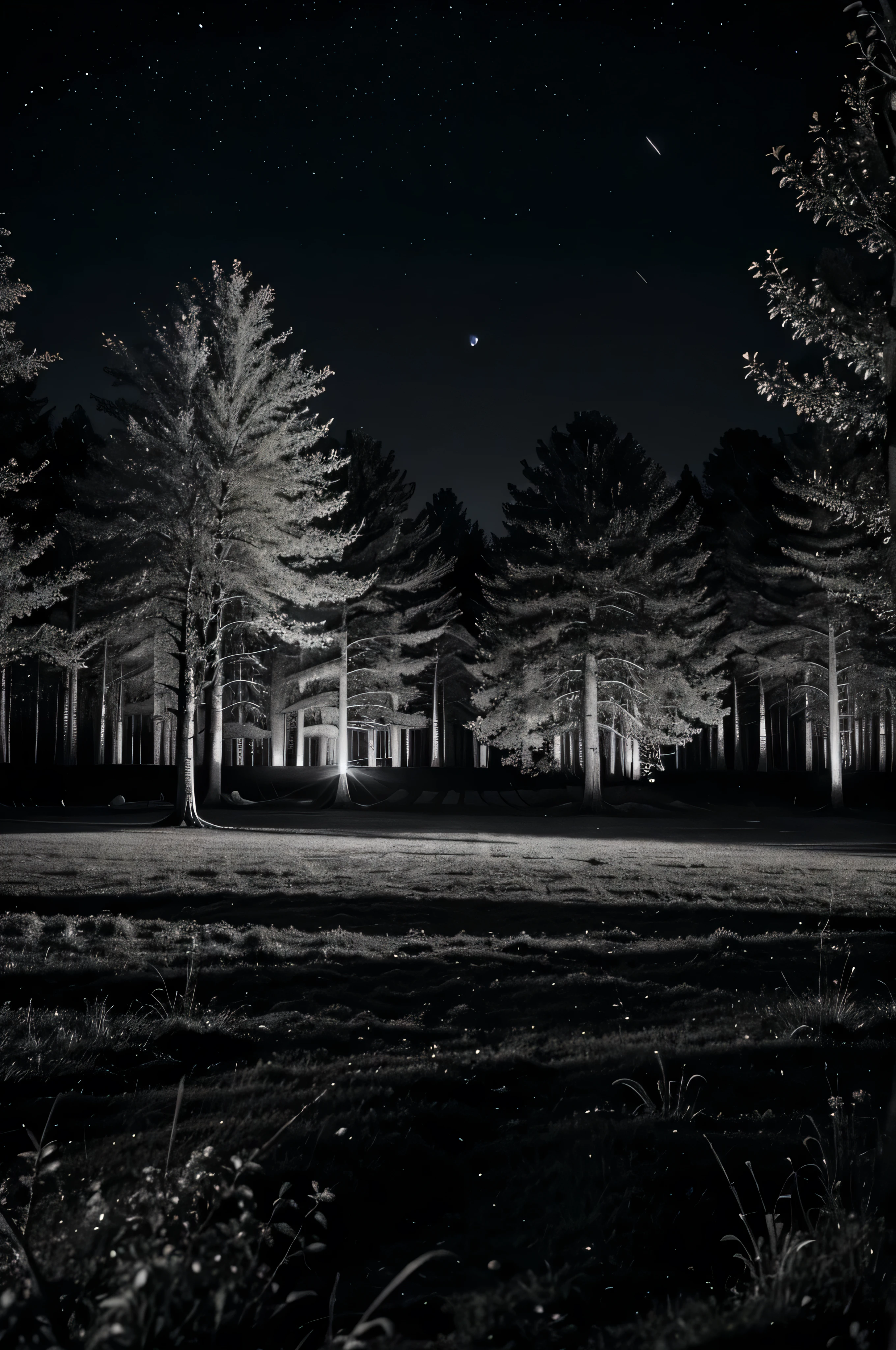 image of trees in black and white with focus on the night sky