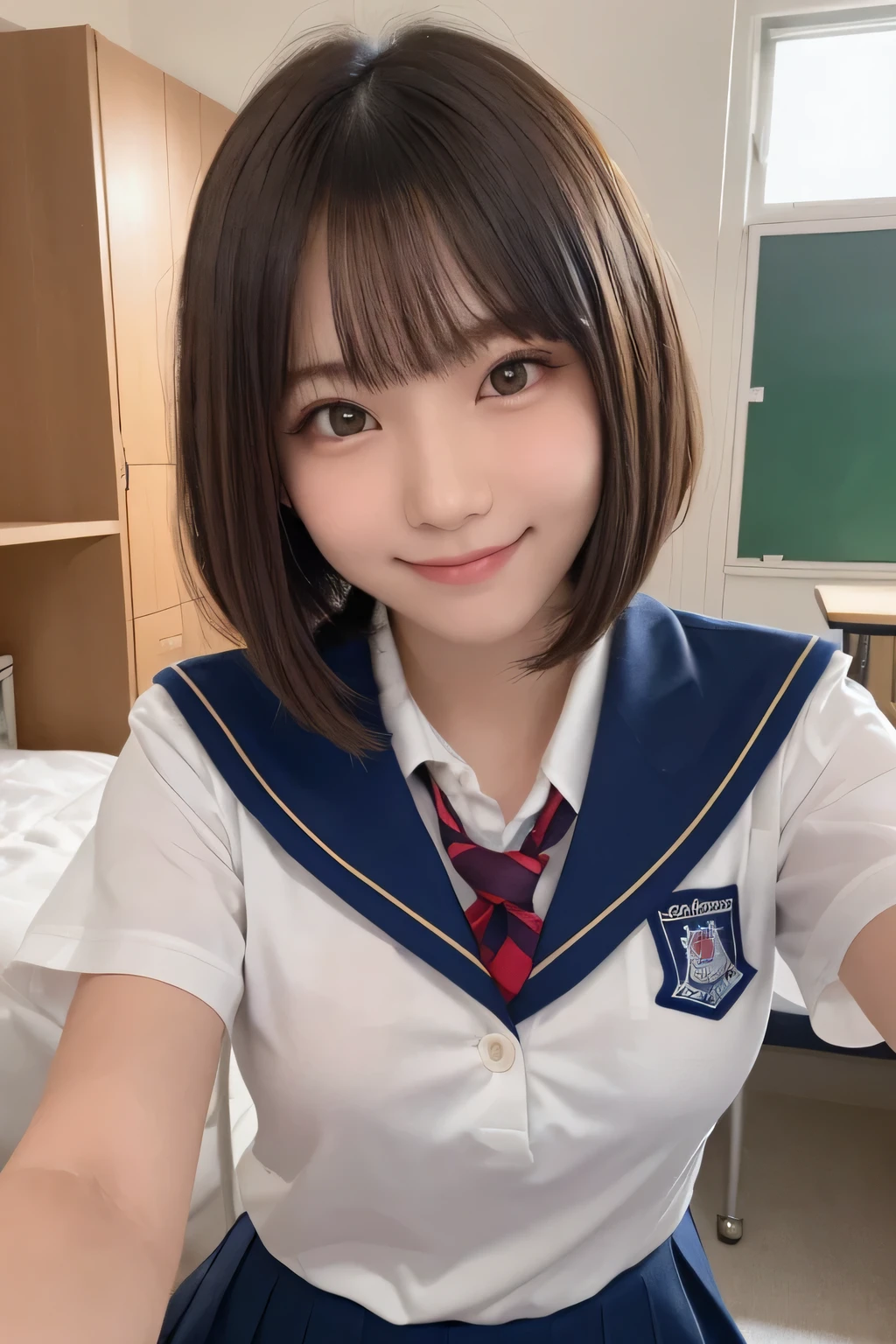 (masterpiece,highest quality,超A high resolution),Japanese women, (((Very cute 16 year old girl))), View the photographer, Front view, ((Bobcut)), Super cute face, Glossy lips, Double eyelids on both eyes, Focus your eyes, Natural Makeup, bangs, Shiny and smooth light brown wavy hair, (((Upper body close-up))), Large Breasts, Perfect limbs, Perfect Anatomy, (((High School Uniform:1.3))), ((Smile)), Night room, (Show off your slim thighs:1.3), ((Include the whole face and focus on the chest:1.2)), View your viewers, (Strike a cute pose:1.4), Perfect and natural fingers,