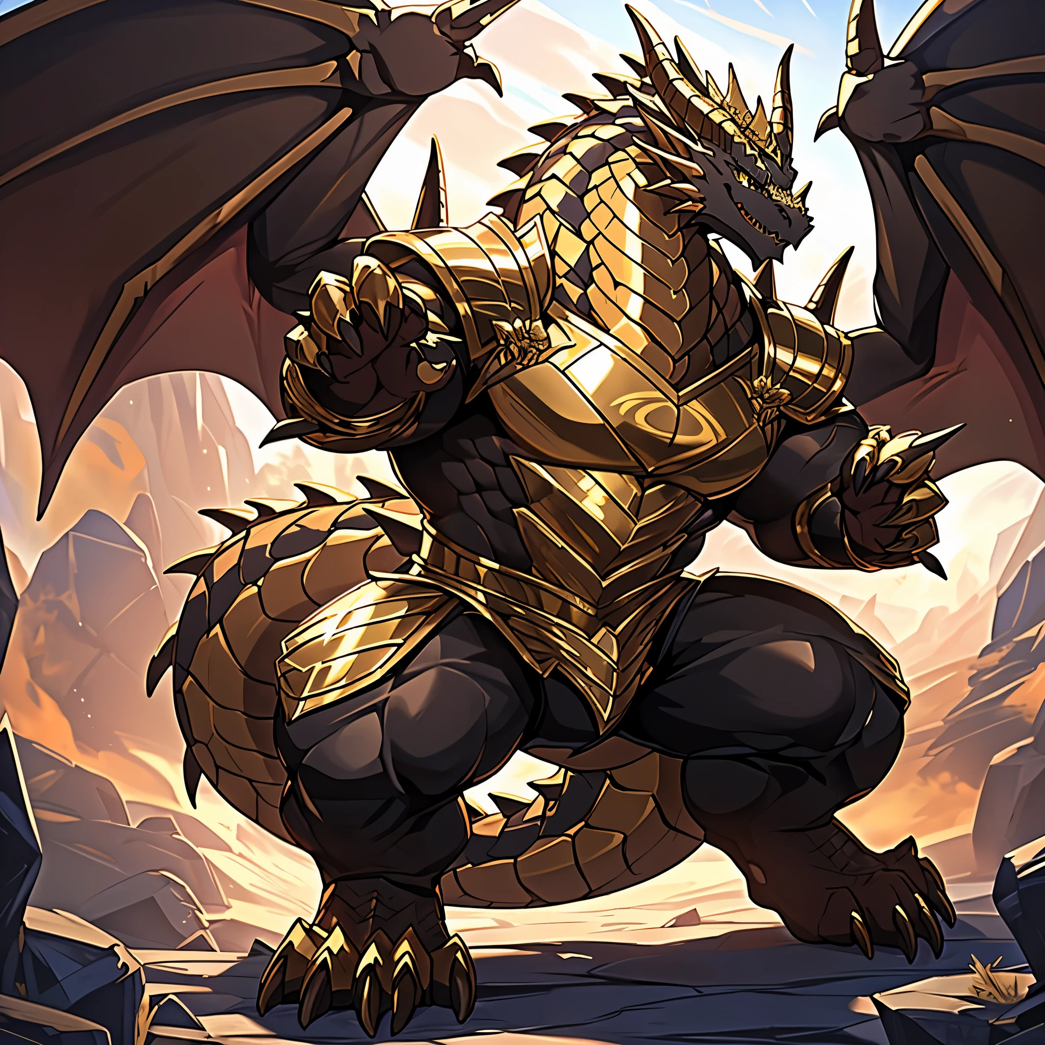 (The tyrannical and powerful Dark Gold Dragon King,Wearing modern black and gold armor and black tights,Inlaid with dark gold gemstones:200),Strong physique的龙形恶魔,(Large dragon body,Huge chest,Majestic wingspan,Sharp and huge dragon claws,Thick iron tail,Sharp dragon scales,The huge dark gold dragon king:2),Strong physique,(Dark gold scales,Very tight crotch,Mighty dragon-shaped demon:2),Dragon legs apart,Dragon wings unfold,The dragon's claws open,Excited grin,Huge mount,Overwhelming presence,Full body picture,Very detailed,4k HD