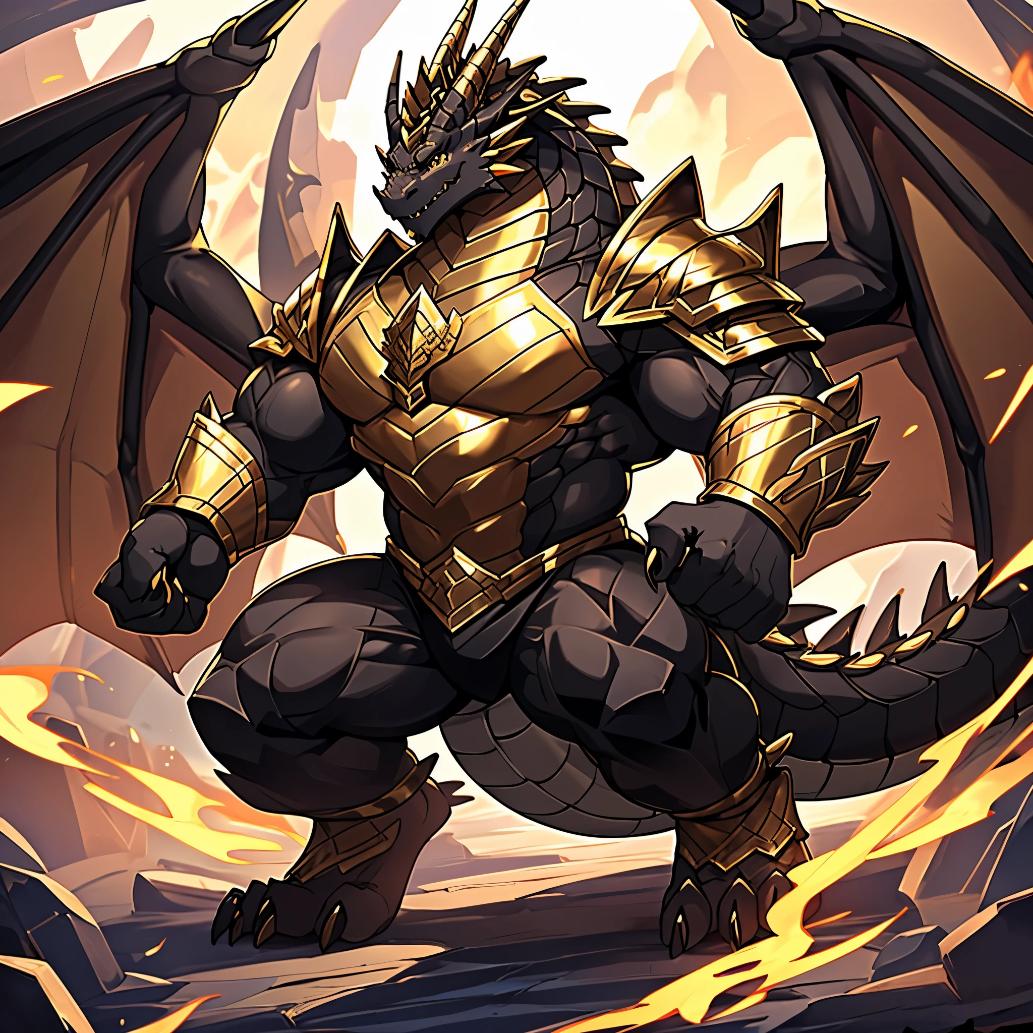 (The tyrannical and powerful Dark Gold Dragon King，Wearing modern black and gold armor and black tights，Inlaid with dark gold gemstones：200)，Strong physique的龙形恶魔，(Large dragon body，Huge chest，Majestic wingspan，Sharp and huge dragon claws，Thick iron tail，Sharp dragon scales，The huge dark gold dragon king：2)，Strong physique，(Dark gold scales，Very tight crotch，Mighty dragon-shaped demon：2)，Dragon legs apart，Dragon wings unfold，The dragon's claws open，Excited grin，Huge mount，Overwhelming presence，Full body picture，Very detailed，4k HD