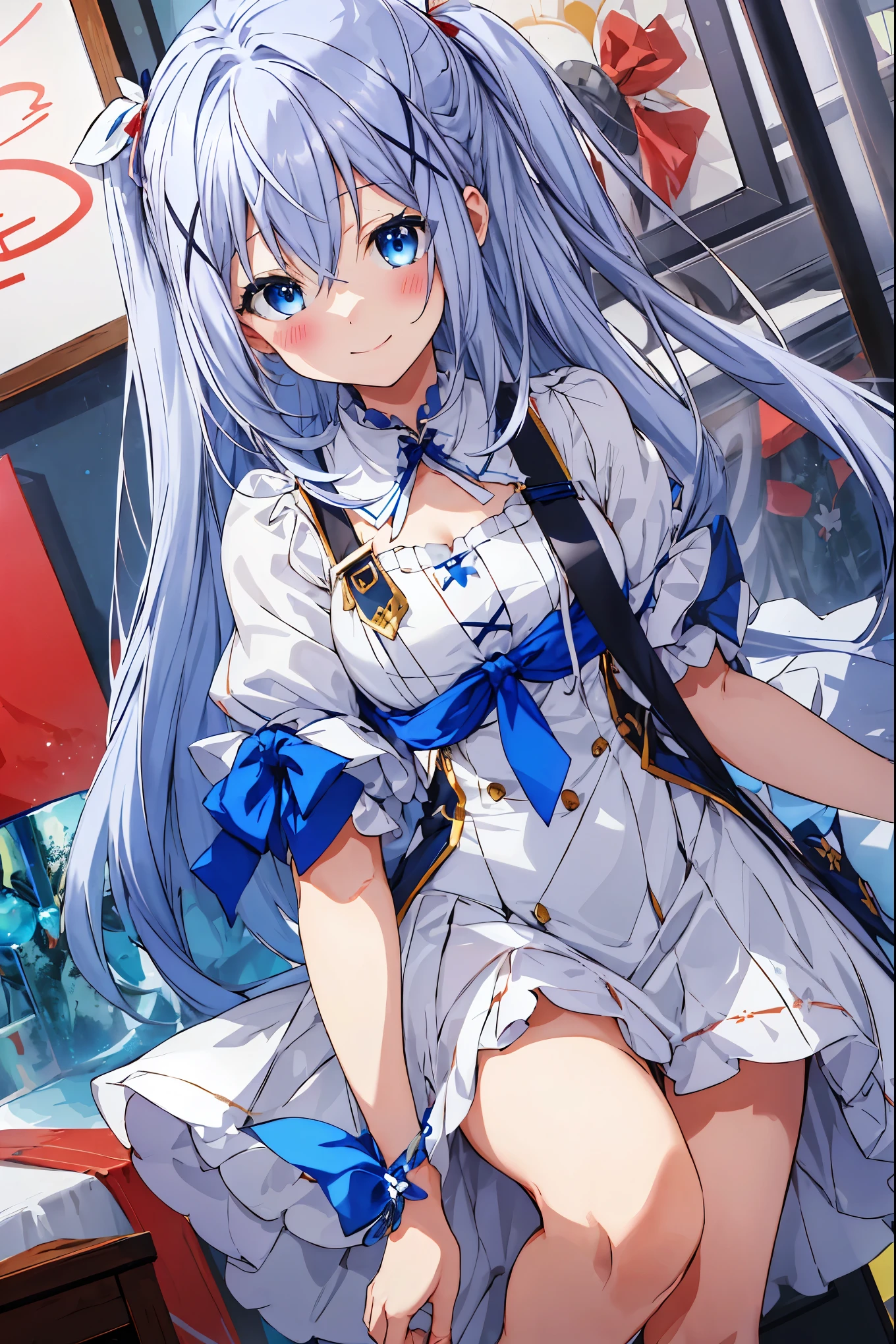 kafuu_chino_istheorderarabbit,
blue_hair, long_hair, blue_eyes, x_hair_ornament, hair_ornament, blush, bangs, closed_mouth, hair_between_eyes,smile,masterpiece,Noise Reduction,perfect anatomy,high resolution, ultra-detailed,game cg,dutch angle ,beautiful detailed eyes,visualart,five fingers, perfect hands, perfect lighting,