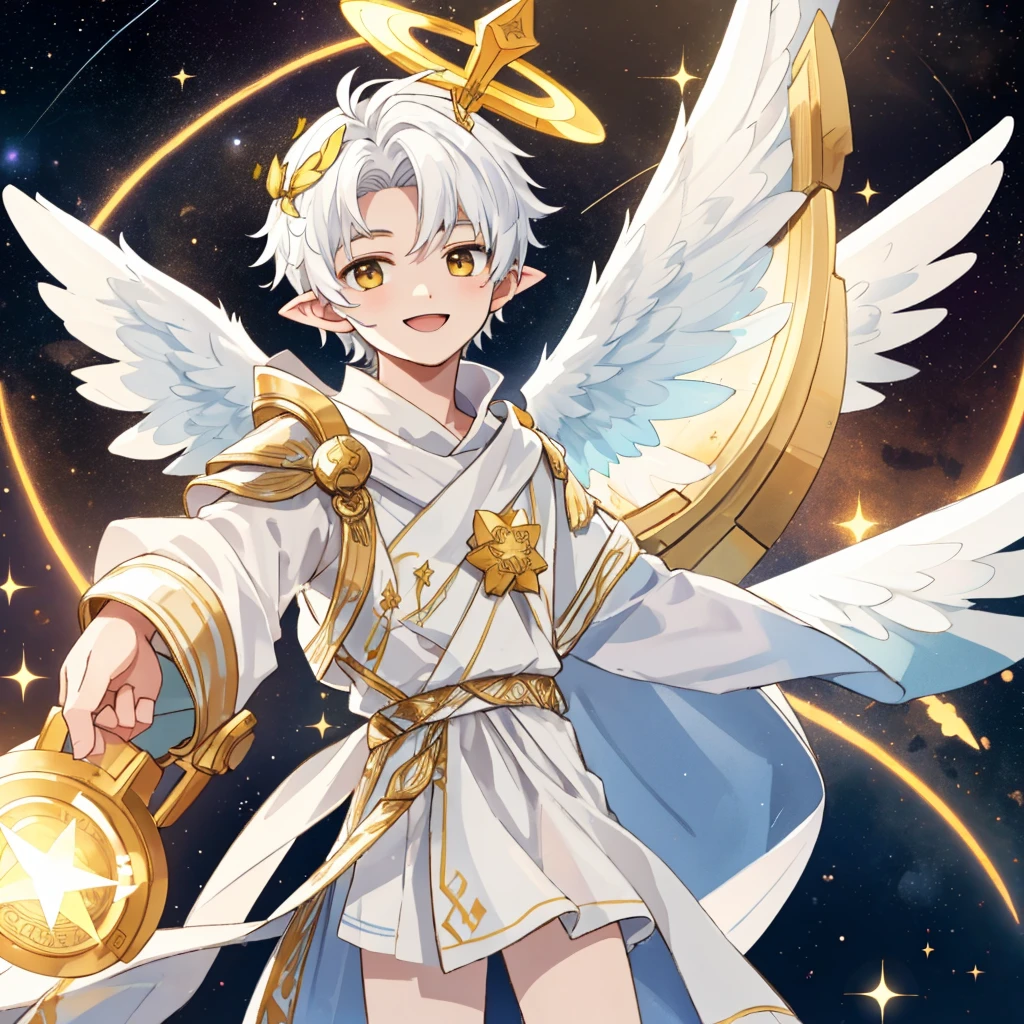 Beautiful, high quality, a boy, he's an angel, wearing an ancient greek clothes, has a halo on his head, 3 pair wings, pointy ears, white hair, golden eyes, smiling, flying on the space, space background with earth on below