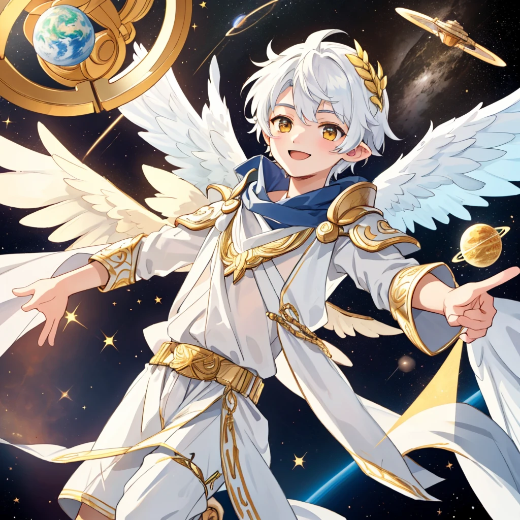 Beautiful, high quality, a 15 year old boy, he's an angel, wearing an ancient greek clothes, has a halo on his head, 3 pair wings, pointy ears, white hair, golden eyes, smiling, flying on the space, space background with earth on below
