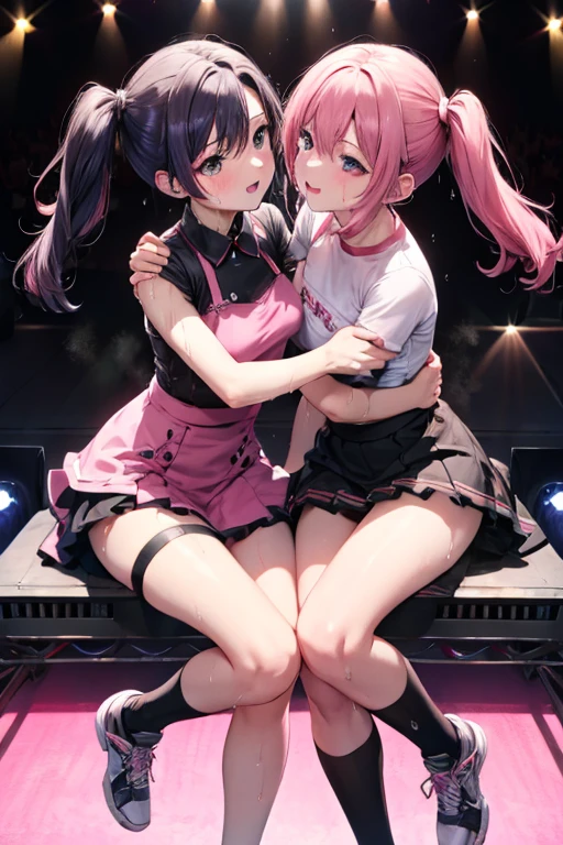 Browsing Caution、8G、highest quality、highest quality、Genuine、masterpiece、Mining Systems、(((Black and pink hair)))、((Knee socks))、(((Two Girls)))、Pink Shirt、Black Skirt、((Twin tails))、(((Idol Group)))、(((stage)))、(((concert)))、No underwear、No bra、(((Sweat)))、((((Body odor))))、(((body odor)))、((((Lesbian))))、((((((脇Sweat)))))