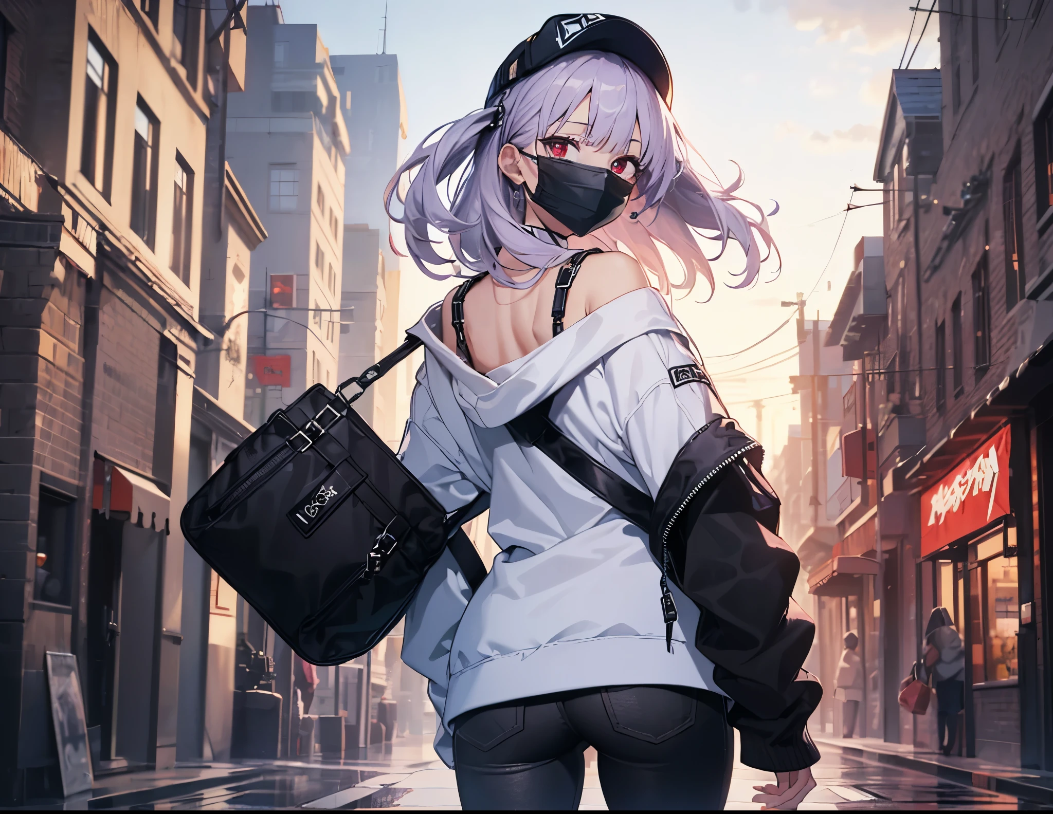 (Close-up:1.3),Realistic,highest quality, Super detailed, High-quality CG rendering, The most delicate and beautiful, Floating softly, High resolution, (1 girl), (highest quality,4K,8k,masterpiece:1.2), Light purple hair,Long Hair,Red eyes,(Pure white oversized hoodie:1.3),(Black skinny pants:1.3),(Pure white cap:1.3),In the city,old buildings,(Black Mask:1.4),(Upper Body:1.3),(Turn your back to your audience:1.3),Ass,(Small shoulder bag:1.3)