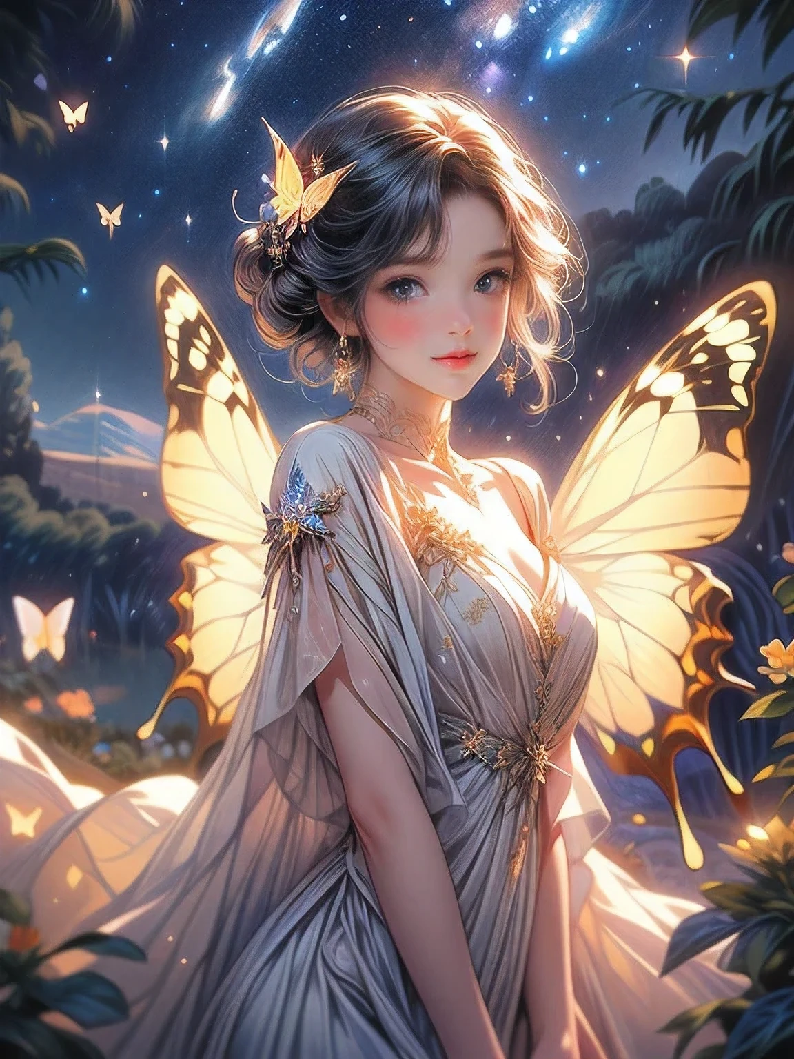 masterpiece:1.2, 8k, highres, ultra-detailed,  (beautiful cute girl), (butterfly ornament), (butterfly dress), (butterfly wings:1.2), ((many butterfly)), ((many flowers)), ((starry night landscape)), (beautiful world), (fantasy world), gently smile, sparkling eyes, shining lips, Soaring pose, sparkling Milky Way, soft touch illustration