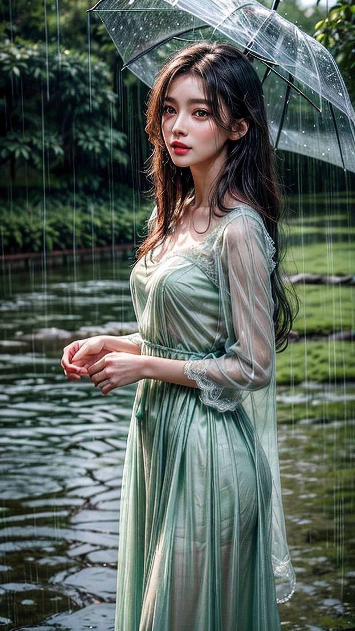 Rain scenery, real life scenery, beautiful scenery, green nature, beautiful woman standing in the rain, beautiful woman in delicate lace dress with sparkling rain, stylish woman with gentle expression and long hair, neat features, cute red lipstick on transparent skin; 4K; photo-like image,
