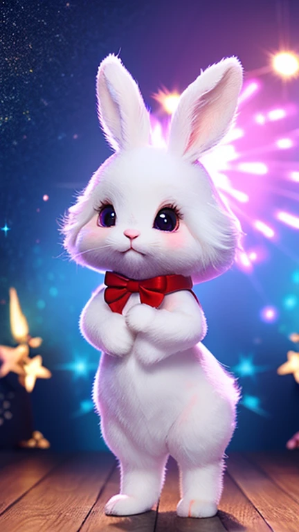 Cute rabbit、fluffy、Little、Background glitter、background fantasy、3D、rendering、Shine、Fire、View from the front、looking at the camera、Standing on two legs