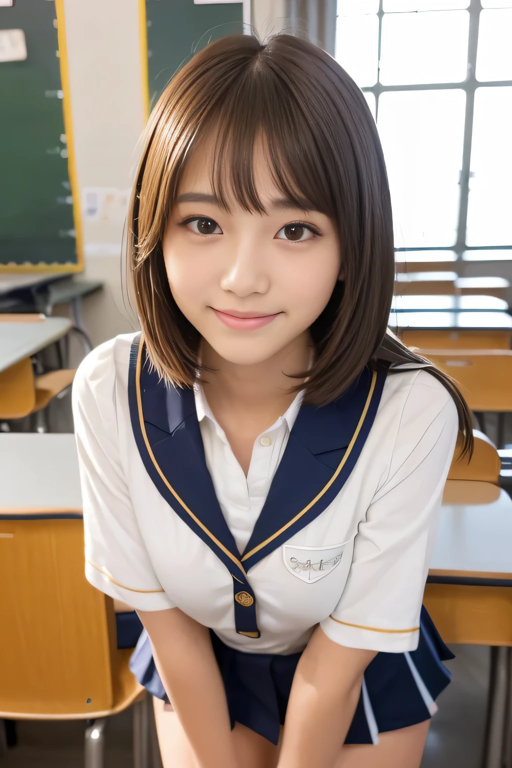 (masterpiece,highest quality,超A high resolution),Japanese women, (((Very cute 16 year old girl))), View the photographer, Front view, ((Bobcut)), Super cute face, Glossy lips, Double eyelids on both eyes, Focus your eyes, Natural Makeup, bangs, Shiny and smooth light brown wavy hair, (((Upper body close-up))), Large Breasts, Perfect limbs, Perfect Anatomy, (((High School Uniform:1.3))), ((Smile)), Night room, (Show off your slim thighs:1.3), ((Include the whole face and focus on the chest:1.2)), View your viewers, (Strike a cute pose:1.4), Perfect and natural fingers,