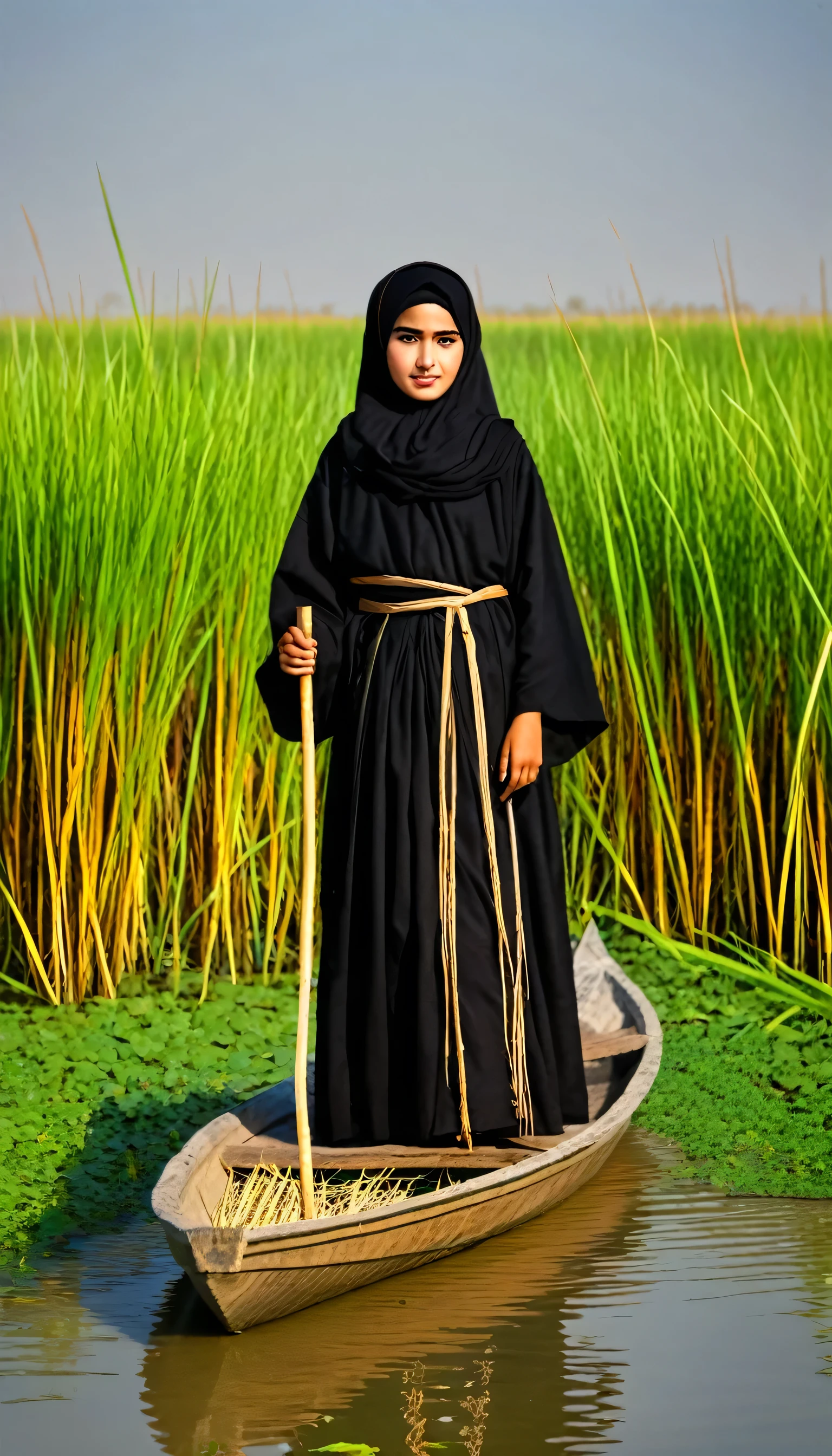 Iraqi girl wearing a traditional robe in a boat and holding a stick in a swamp, Southern Iraq, marshes, traditional boat, the surroundings include grass and reeds and plants, solo, black_hair, 1girl, girl_focus, black hijab, grass, realistic, holding, outdoors, standing, photo realistic, best quality, realistic, photo-realistic