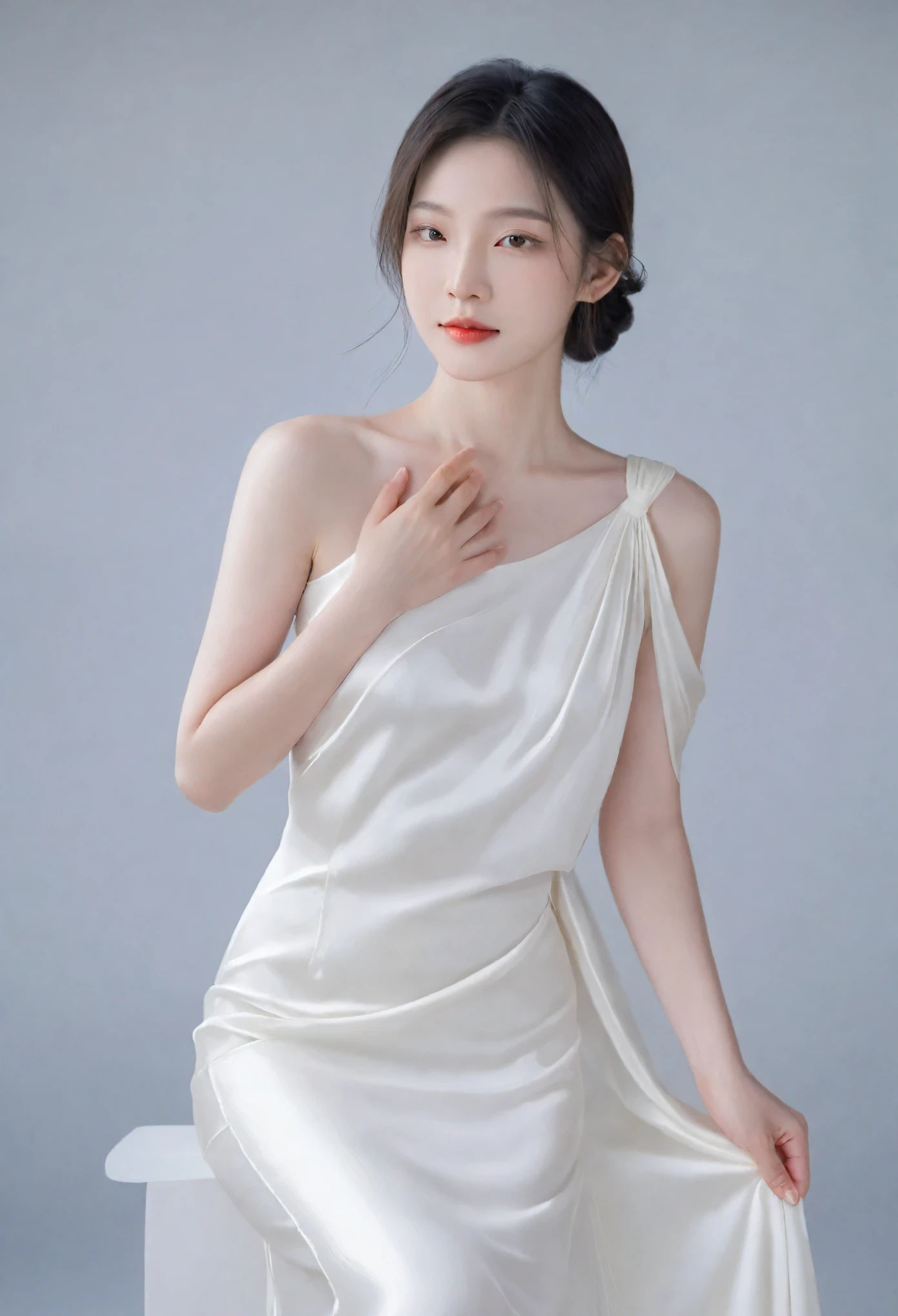 A young Asian woman poses elegantly in a photo, wearing a silky white shoulder dress that clings to her slender, aristocratic figure. Her posture is seductive, exuding an air of sophistication and beauty. The dress is of the best quality, flowing gracefully and highlighting her pale white skin. The overall appearance is one of refined elegance, capturing the essence of an attractive, noble-looking individual.