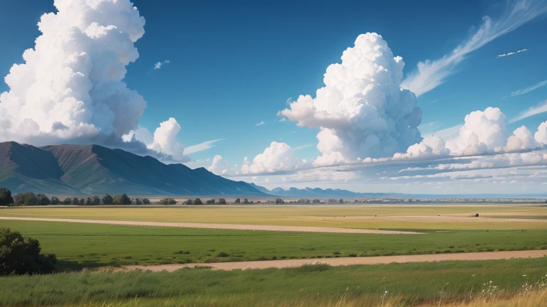 Vast grassland,Light blue sky,There are a few white clouds,The sky takes up about a quarter of the photo.