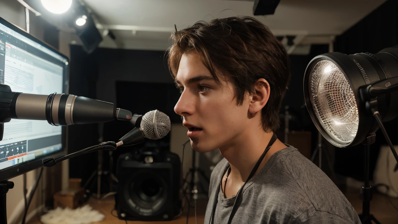 Create a high-resolution image of the narrator in the studio using a microphone. Highlight details of the studio, such as recording equipment, lighting, and acoustics, and capture the narrator's focused and engaging expression as he speaks into the microphone. Photography, DSLR camera with standard lens, soft lighting, 20 year old young man