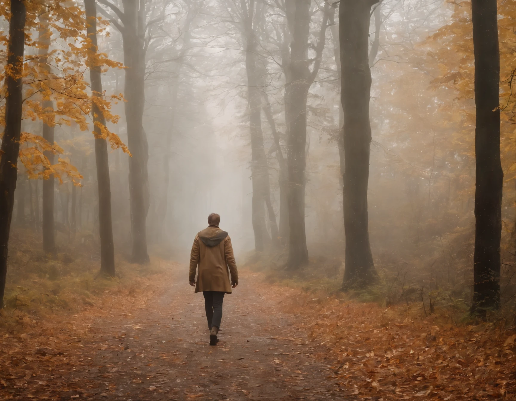 A distraught scientist with a frightened face runs away along the forest path of the autumn forest, around wet autumn leaves on the ground, bare trees, thick fog, eerie atmosphere, the rays of the evening sun break through the tops of trees, side view, RAW