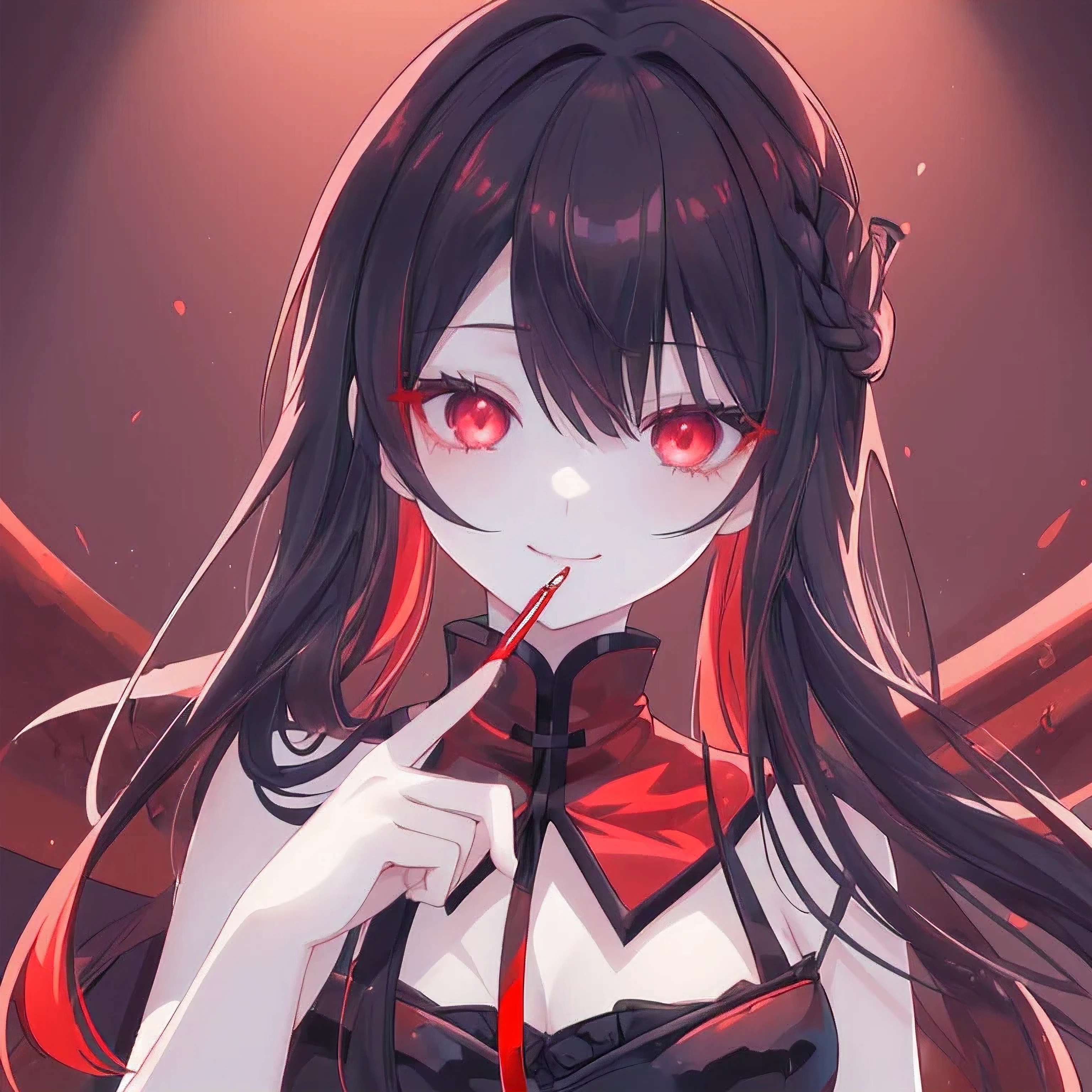 Girl drinking blood from a sword。With a yandere feel。Confused eyes。Eye color is red。hair color is black。Hairstyle: Long hair。With a pleasant smile。A little bit of fear。