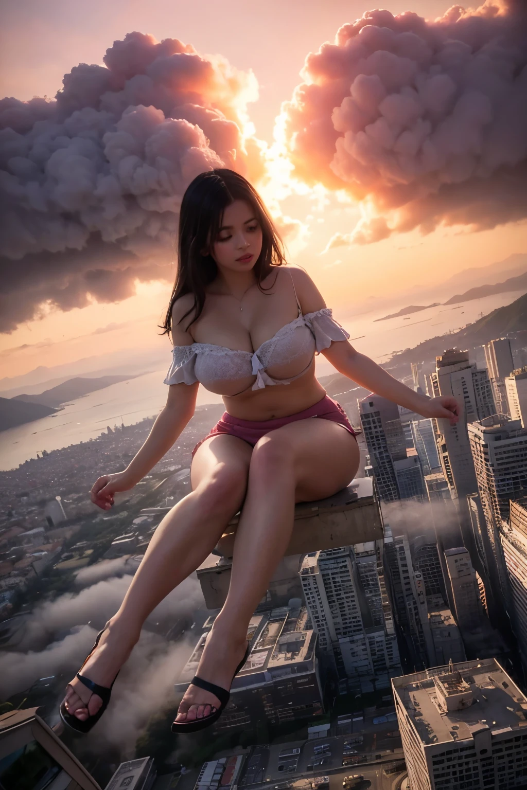 gigante usando calcinha de renda branca, mini saia plissada, camisa rosa, Trampling City Buildings and Cars, smoke billowing, nuvem, Evil, realistic lighting, salto em altura, de baixo,
