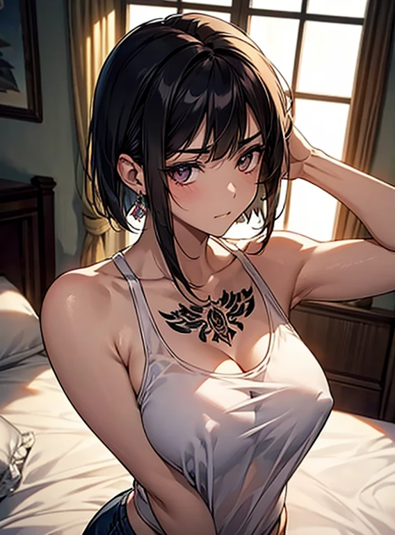 (Hands folded behind your back)、Beautiful breasts、Black Hair、Armpits are visible、Attractive breasts、Beautiful and attractive anime woman, Enchanting anime girl, Top rated on pixiv、Healthy Body、OK、(white)See-through tank top、Yakuza、(Large on whole body)Tattoo、(Large on the arm)Tattoo、I can see your underwear、Shaving、Slippery、big round earrings、Iris、beautiful girl、、Provocative、Underwear is biting into、The setting sun is shining through the window、Stay in the house、Quiet、Inconspicuous、Nipples、bedroom、brown、Short Bob、Looking down from above、The private parts are visible