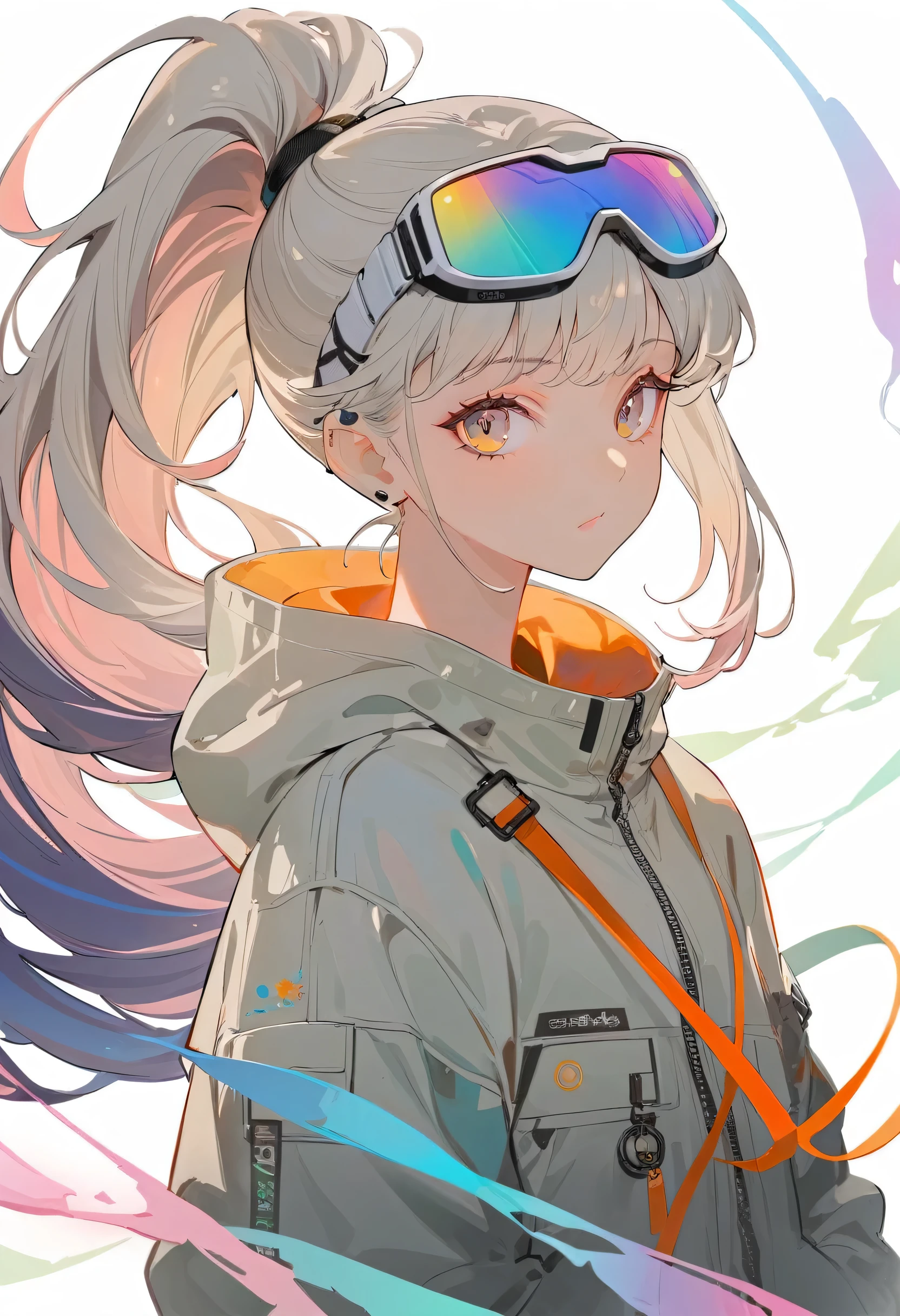 masterpiece, Best image quality, Extremely vivid, Anime girl with curly ponytail, Petite figure, White functional coat, small, Blue-purple gradient ski goggles, Cyberpunk, White hair, Natural casual style, dynamic posture, Golden Ratio, Large aperture portrait, Cool colors, Strong visual impact, White space, Light and shadow contrast, Super texture, Sunset afterglow, Ultra-clear pictures, Simple pictures