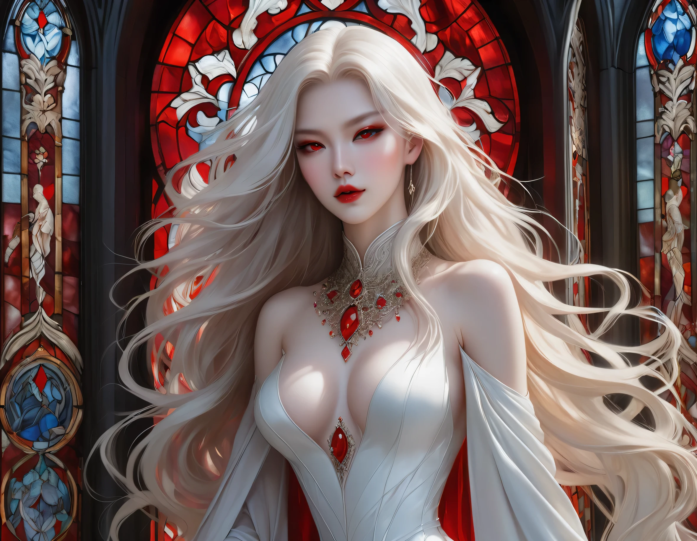 Lucy Wetenra, mixed asian, character from the book Dracula by Bram Stoker, beautiful and sensual, completely naked, with completely white and pale skin, red eyes, with very long, wavy white hair, walking through the gallery of an ancient mausoleum full of stained glass , painted in the style of a Renaissance painting. red gems and jewelries on her dress, red gems jewelry on her hair, luxury, sexy eyes , Lilith , 