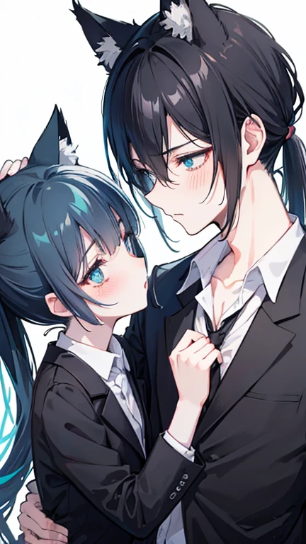 ponytail,Black Hair,Cat ear,Cyan eyes,Cat Tail,male and famale,couple,anime,slender,suits,blush, open clothes, drunkenness
