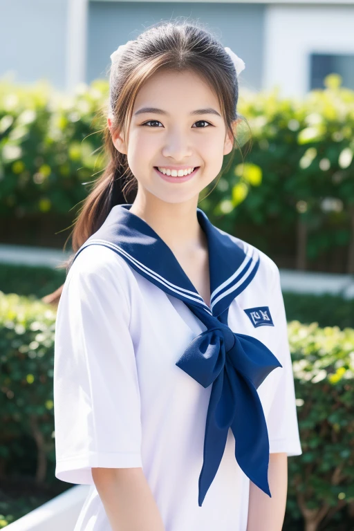 18-year-old Japan 、A beautiful rooftop with a blue sky as a background、A happy smile and an idol-like face、ponytail、Ribbon on head、Smiling with teeth showing、Sailor suit、Tabletop, highest quality, 8k, Teen, alone,Violet, Gardenias, Delicate girl, Upper Body, Digital SLR, View your viewers, Frank, Sophisticated, Zola々right, Thin arms, Professional Lighting, Film Grain, chromatic aberration, (Eyes and facial details:1.0), (Bokeh:1.1)