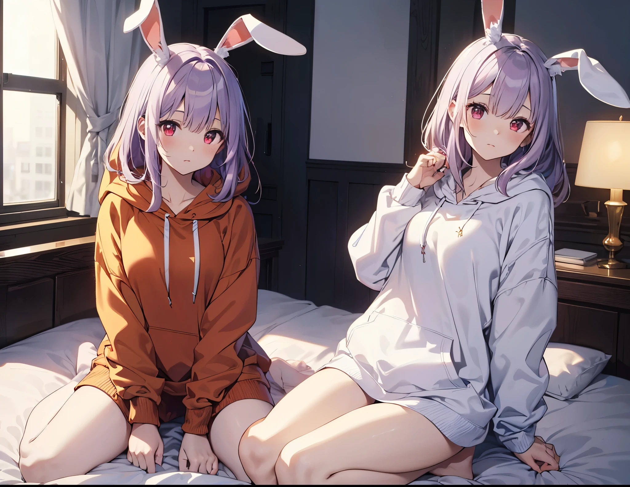 Practical,highest quality, Ultra Detail, High-quality CG rendering, The most delicate and beautiful, Floating softly, High resolution, (1 girl), (Highest quality,4K,8K,masterpiece:1.2), Light purple hair,Rabbit,Bunny ears,Long Hair,Red eyes,(White oversized hoodie:1.3),Inside the room,bed,(bedに座っている:1.4)