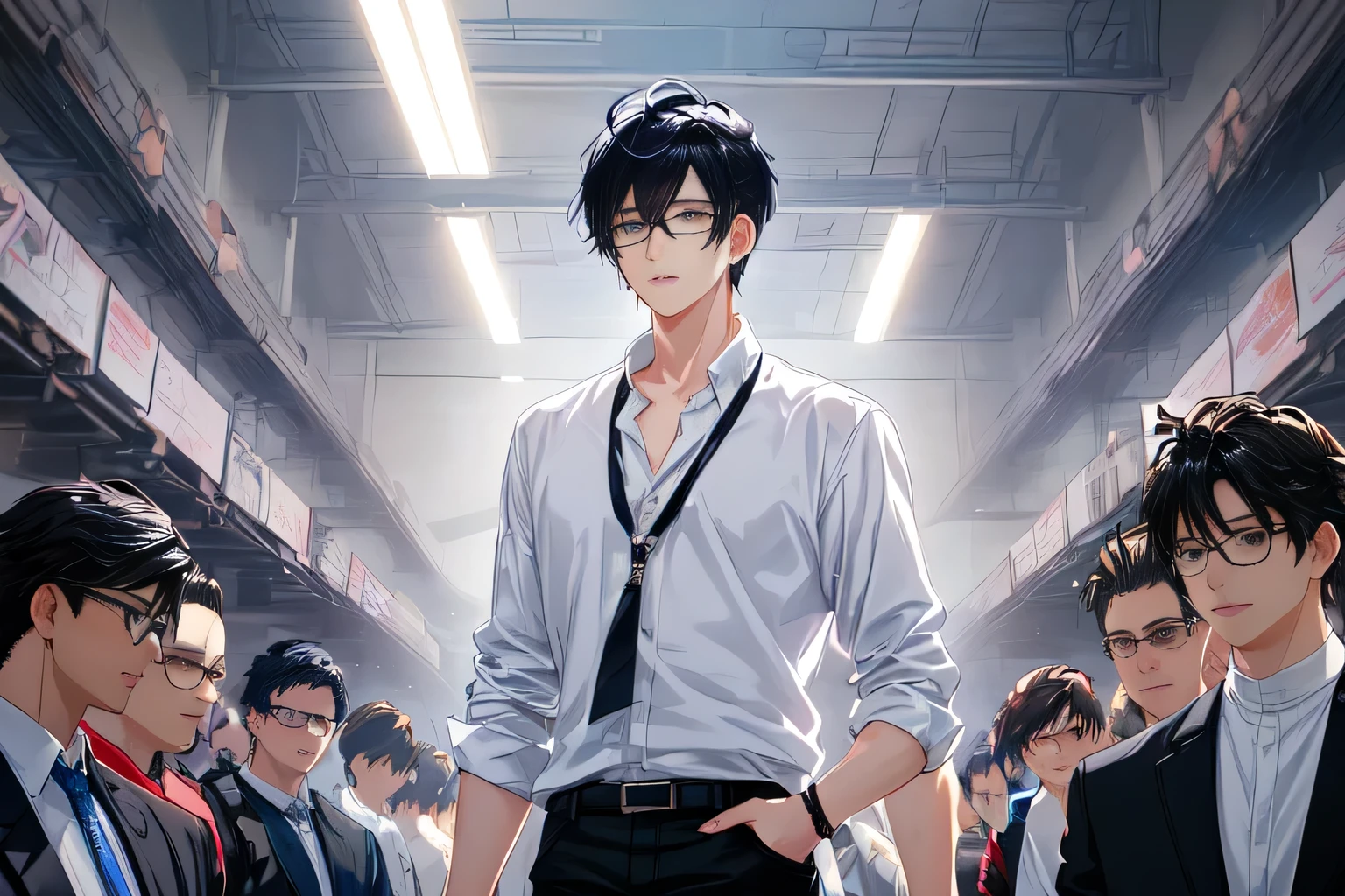 anime boy with black hair and glasses standing in a crowd, Artwork in the style of Guweiz, Tall anime man with blue eyes, Anime style, Young anime man, Digital anime illustration, inspired by Yanjun Cheng, anime boy, Anime style, Smooth anime CG art, Anime handsome man, Anime portrait of a handsome man, Aesthetic award-winning anime,(Training Hall),(indoor),Black short hair,White shirt,Blue Jeans