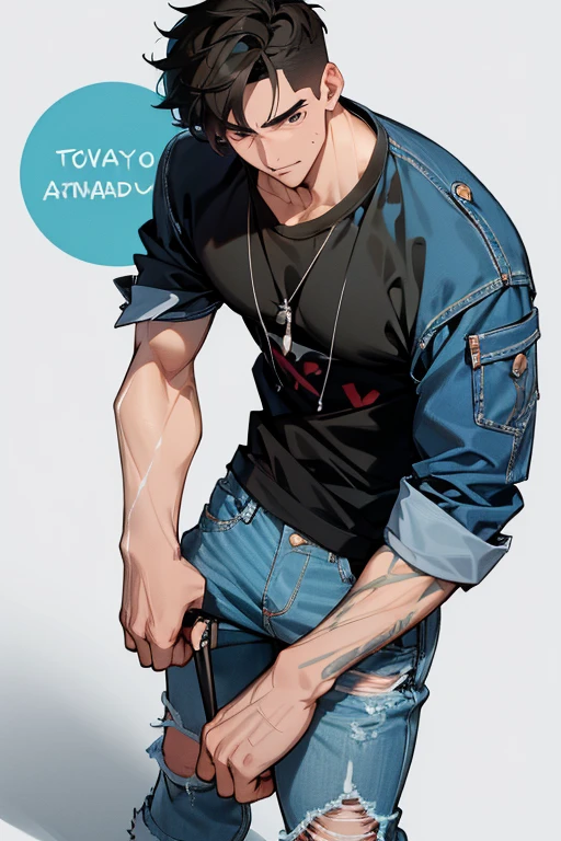 Handsome manly short black hair Caucasian male in tattered jeans and sneakers, sin camisa, Sudando abundantemente, empapado de sudor, exhausto, jadeo, dentro del auto