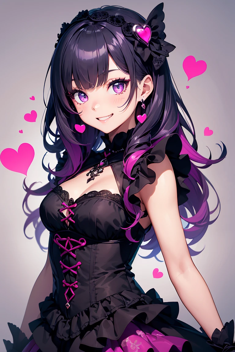 ((1 girl)), Latest Trends in Clothing, Gothic Lolita Makeup, (hair ornaments),(Grin),Monochrome clothes, Black and purple hair, Wavy Hair, Mid Cut, ((Gothic Dress)), mini skirt, Naughty look, Beautiful expression, Pink Eyes, (Hearts in eyes), Cold Background,18-year-old, Colorful Hair, Shiny Hair, 8k wallpaper,eye shadow, eyeliner,Glow Eye, Highly detailed eyes, (Beautiful eyes with highlights), 18-year-oldの女の子.