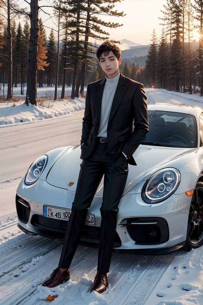 A young man standing next to a Porsche, autumn forest, sunset, leaves falling, first snow,
