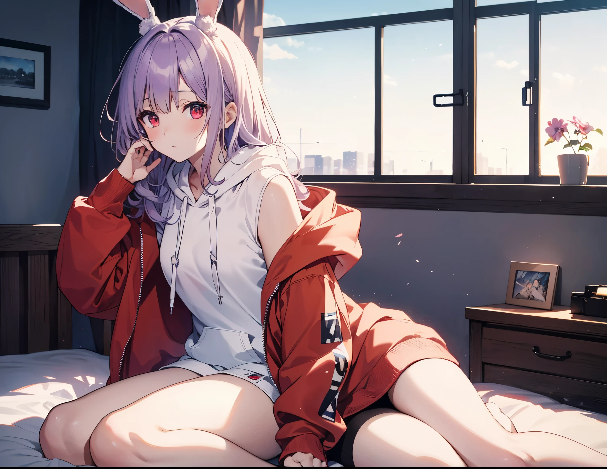 Practical,highest quality, Ultra Detail, High-quality CG rendering, The most delicate and beautiful, Floating softly, High resolution, (1 girl), (Highest quality,4K,8K,masterpiece:1.2), Light purple hair,Rabbit,Bunny ears,Long Hair,Red eyes,(White oversized hoodie:1.3),Inside the room,bed,(bedに座っている:1.4)