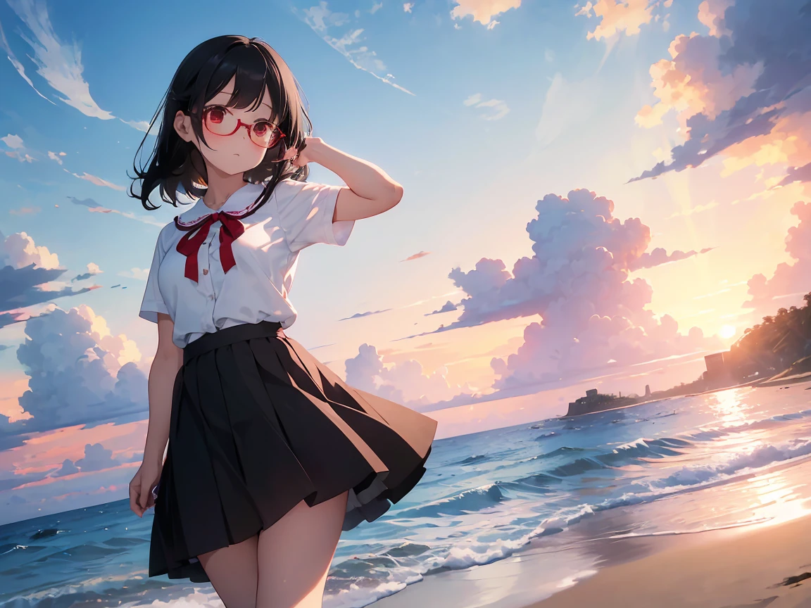 A girl with soft black hair lifting up her skirt、Red glasses、White short-sleeved shirt with cute ribbon、Bright red flared skirt、White underwear visible when skirt is lifted、Bare feet and sandals、Sandy beach, cumulonimbus clouds and sunset、Standing posture、Angle from the feet