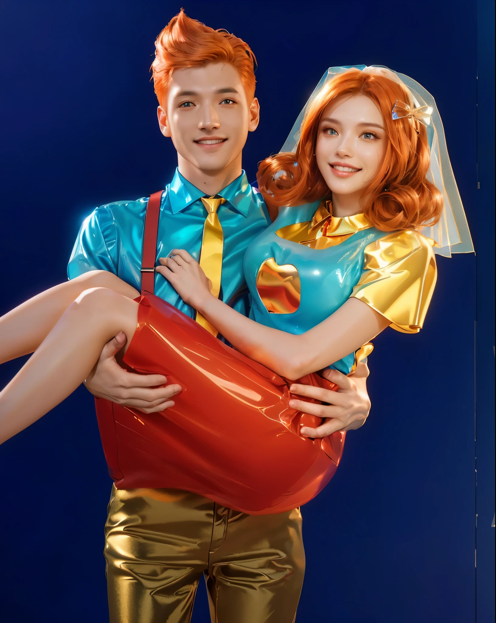 they are dressed up as a couple for a wedding, promotional art, advertising photo, slide show, promotional photo, promotional image, A man with orange hair holds a woman with red hair. They are both dressed in bright clothing. she is wearing a veil, glossy texture, smooth 3d model, multiple light sources, rim light, sharp post effects render, (glossy plastic texture with multiple big light probe refractions), perfect cgi, smooth silhouette, high intensity refraction, (super glossy material), most beautiful vfx, blue background, plastic refractions, realistic, 4k, high resolution, rim light, photo shoot, commercial photo, profile shot, 4k, rim light, high resolution, 4k, glossy texture, smooth 3d model, multiple light sources, rim light, sharp post effects render, (glossy metallic texture with multiple big light probe refractions),