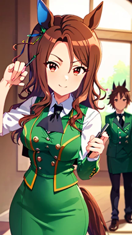 King Halo\(umamusume\),
((highest quality)), ((masterpiece)), (detailed), (Character Focus、breast focus,whole body), (One Girl: 1.1)、Anime 2D Rendering, Realistic young anime woman,
Perfect Face, Beautiful fine details, Beautiful body, Beautiful thighs, Beautiful feet, White beautiful skin、Perfect round butt、
(Black ribbon tie), (white collar dress shirt), (Wear a suit jacket、Green double-breasted suit vest:1.4)、(Green Shiny Pencil Mini Skirt:1.4)、(Black Pantyhose:1.4)、(Black High Heels)、
smile、Face towards the viewer、Sexy pose、Cowboy Shot