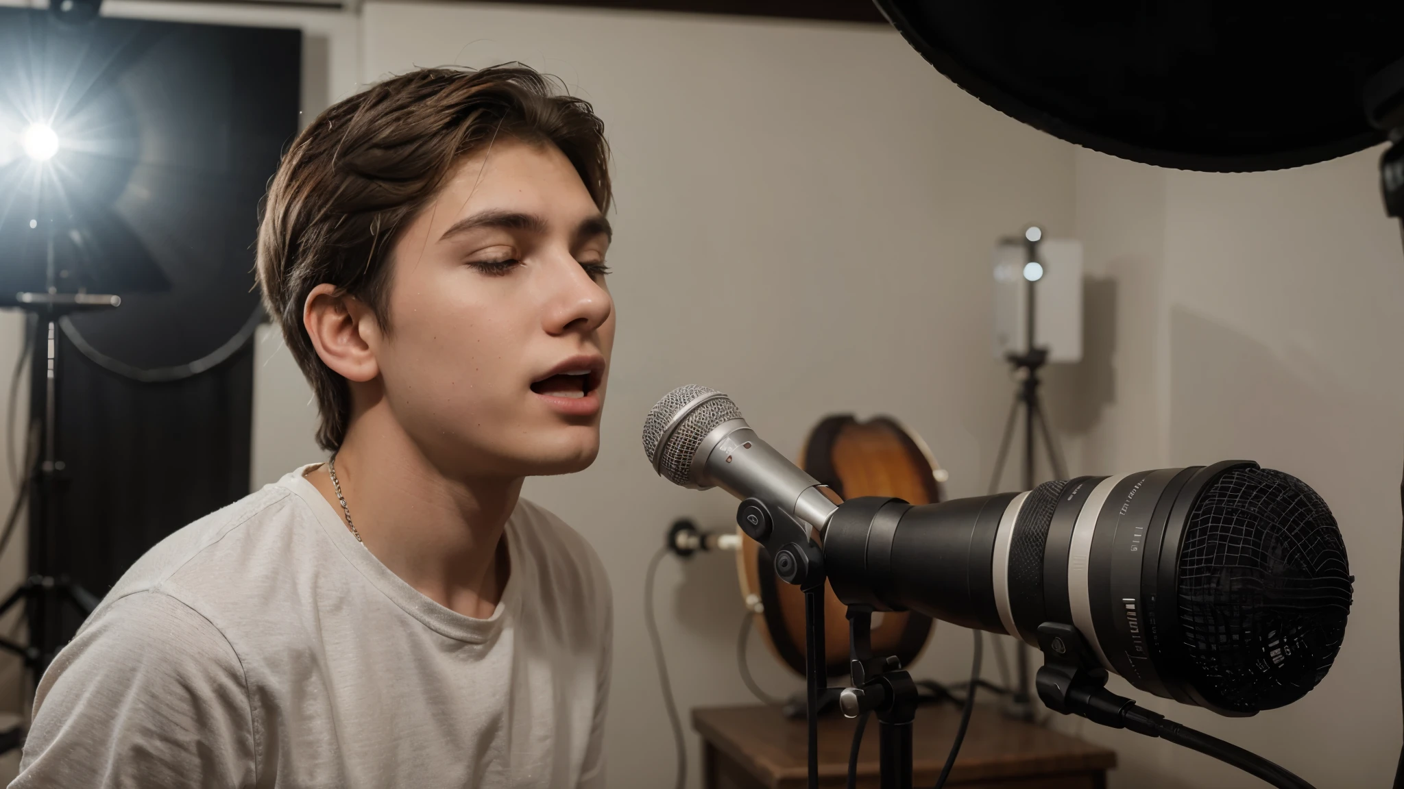 Create a high-resolution image of the narrator in the studio using a microphone. Highlight details of the studio, such as recording equipment, lighting, and acoustics, and capture the narrator's focused and engaging expression as he speaks into the microphone. Photography, DSLR camera with standard lens, soft lighting, 20 year old young man, close eyes,